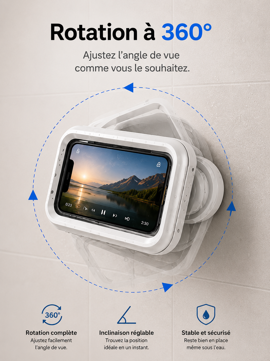 Support de douche étanche pour téléphone – Rotation 360°