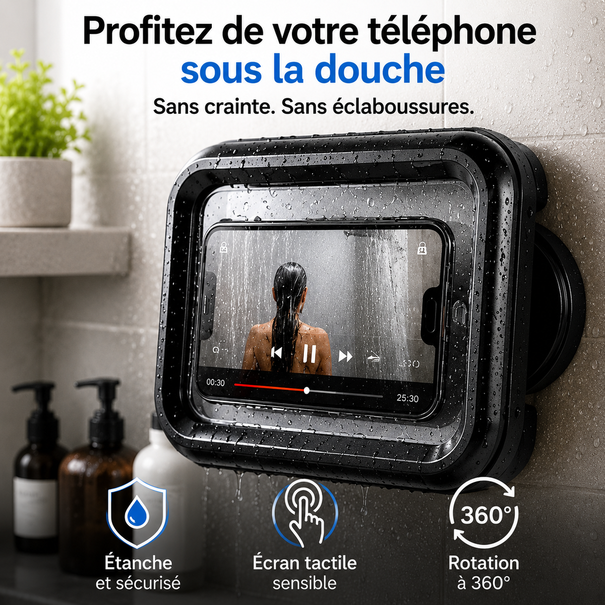 Support de douche étanche pour téléphone – Rotation 360°